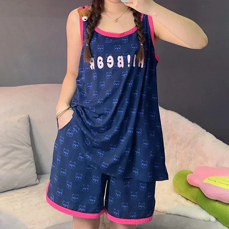 

150kg Plus Size Women's Pajamas Set Summer Cartoon Tank Shorts Sleepwear Korean Students Loose Home Clothes Sleeveless Nightwear