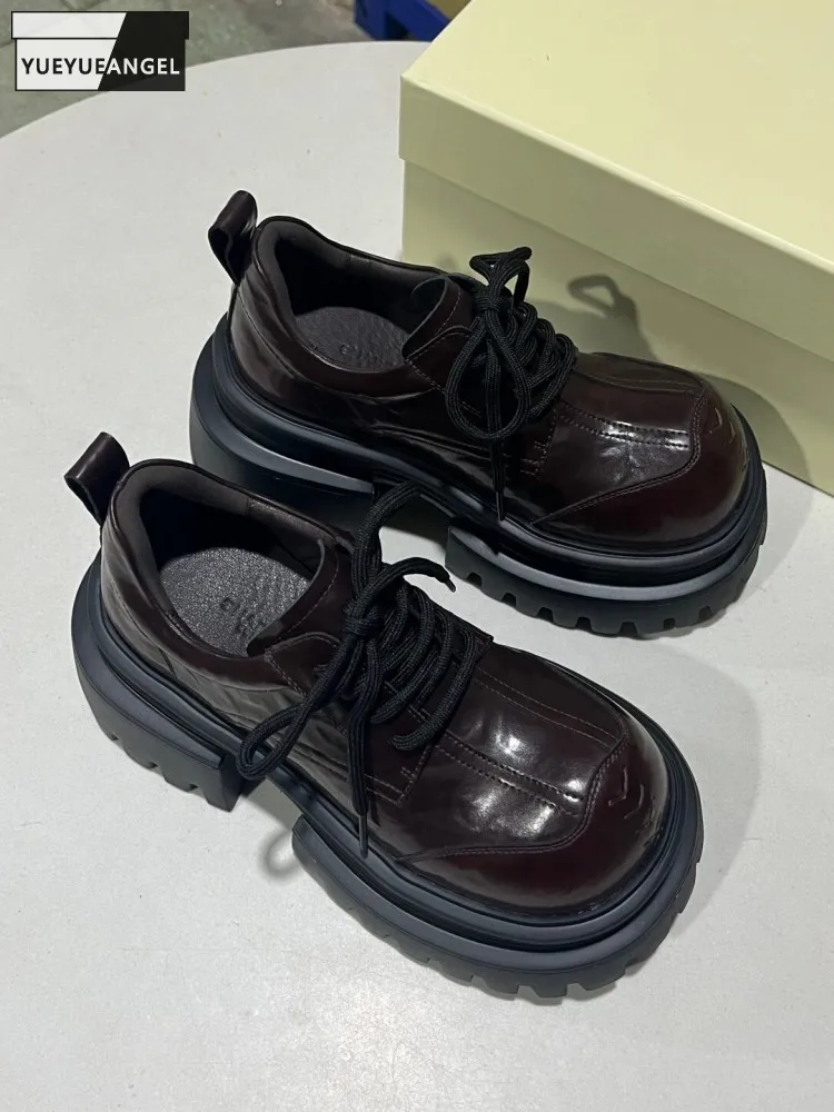 Street Style Vintage Women Handmade Sheepskin Genuine Leather Thick Platform Lace-Up Pumps Round Toe Height Increase Heels Shoes
