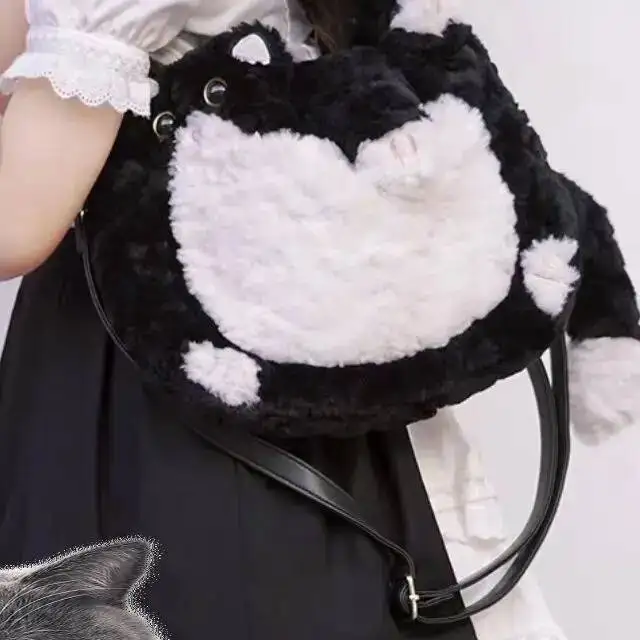 Bloom Sweet Cute Cat Black White Shoulder Women Haruku Aesthetic Plush Y2k Crossbody Bags Girl Large Capacity Tote Bag