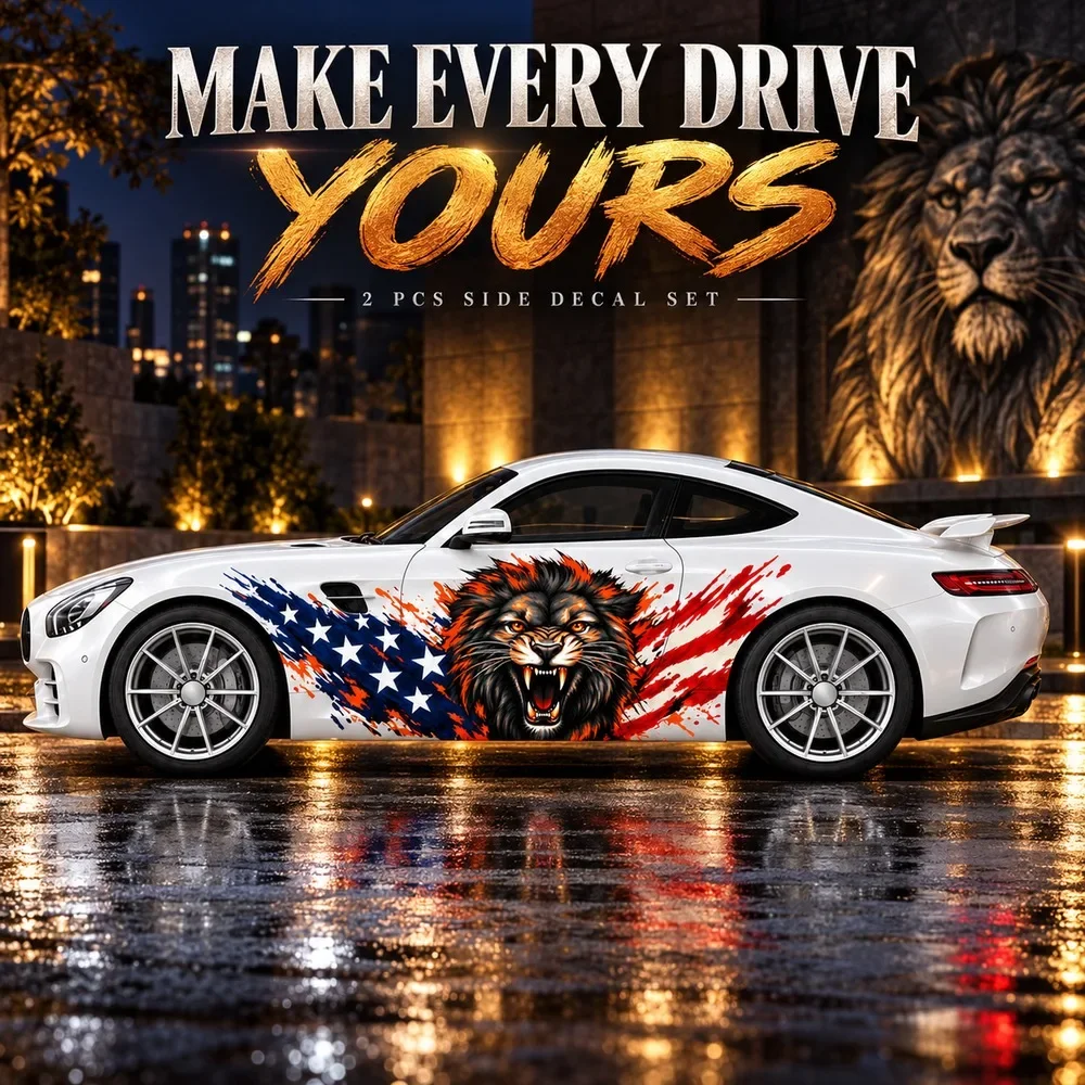 2 PCS American Flag Roaring Lion Splash Car Side Decals, Die-Cut Vinyl Sticker Set
