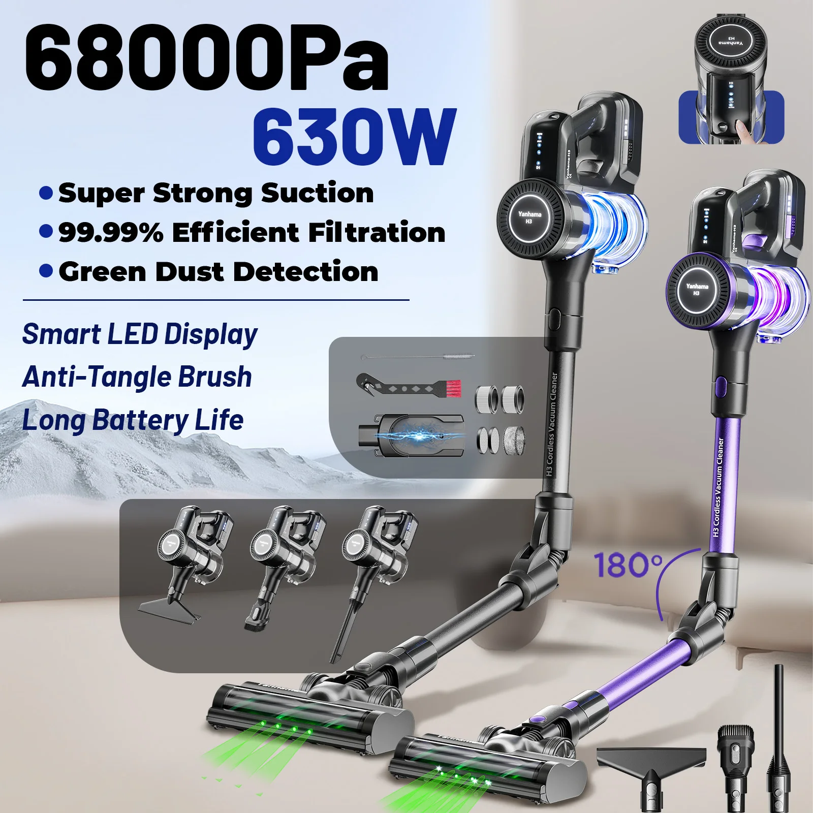 Aspirateur sans fil Yanhama-aspirateur à bâton 68000 Pa/630 W avec station de chargement murale, aspirateur à main léger pour tapis