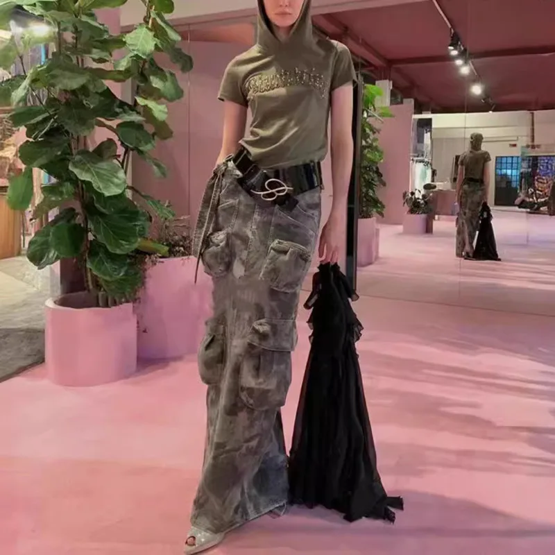 HKSH Primavera Estate Nuove donne Chic Vintage Streetwear Design originale Camouflage Multi-tasca Dritto Gonne di jeans lunghe HK5603