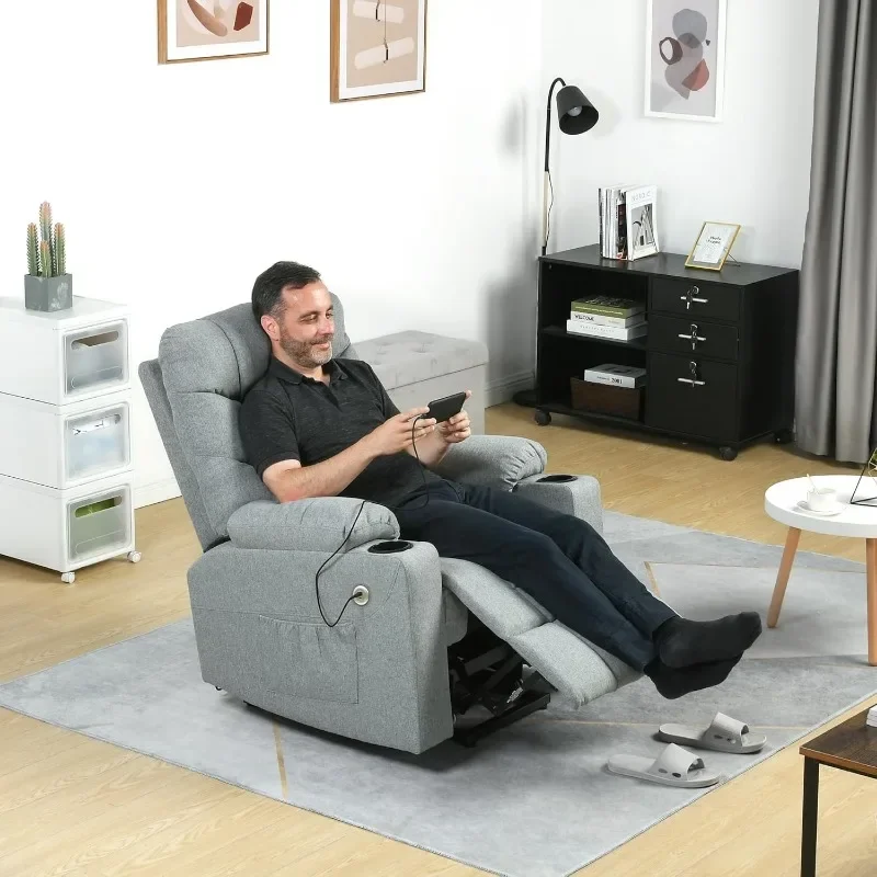 Silla reclinable de elevación eléctrica para ancianos, sillón reclinable de tela con masaje y calor, asiento espacioso, puertos USB