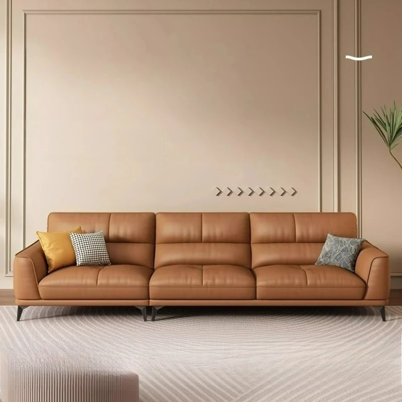 lt Italian minimalist leather sofa living room simple modern three-person straight-row sofa