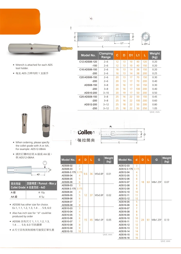 High Precision Pull Back Collet Pull Back Sets Ads06 Ads08 Ads10