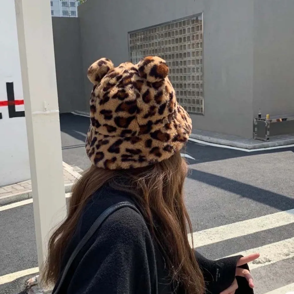 Sweet Girls Leopard Women Autumn Winter Korean Fisherman Hat Bucket Hats Basin Hat