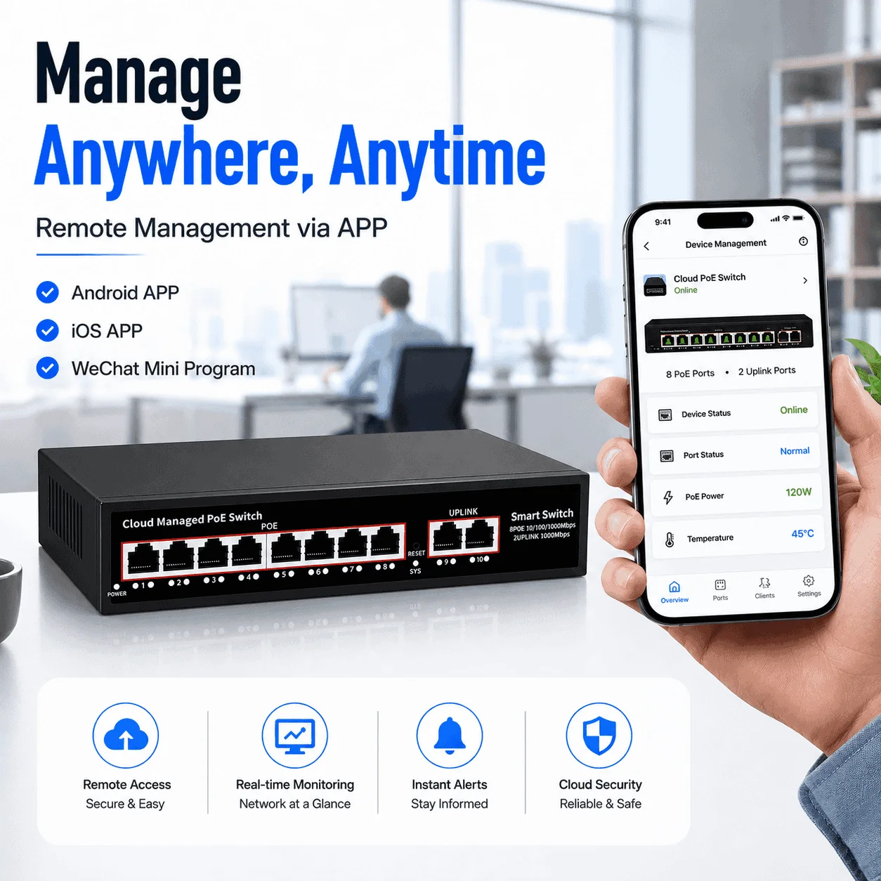 Cloud Managed PoE Switch 8 Port Gigabit 2 Uplink 120W IEEE 802.3af/at Smart APP Remote VLAN Switch for IP Camera Wireless APs