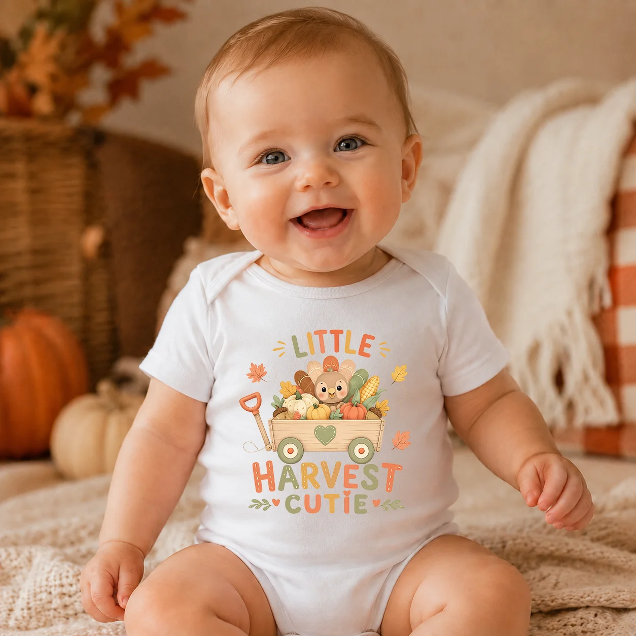 Little Harvest Cutie Baby Bodysuit Cute Squirrel Pumpkin Cart Print Newborn Romper Unisex Fall Thanksgiving Infant Short Sleeve