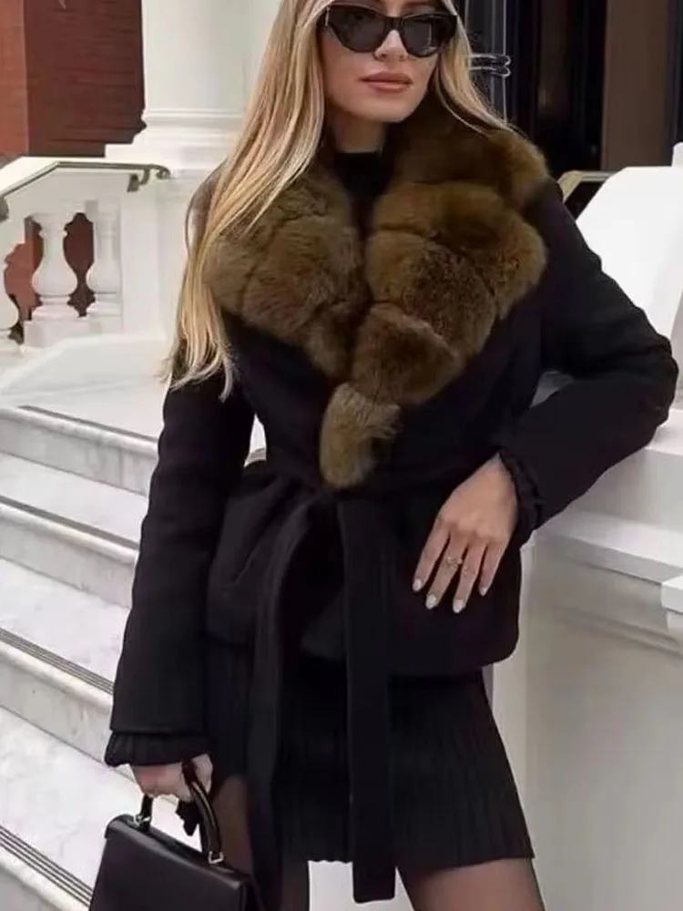 

HH Female Elegant Casual Slim Solid Short Coat Women Fashion Faux Fur Long Sleeves Lapel Pockets Belt Decoration Street Jacket