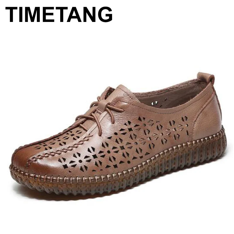 TIMETANG new women flat shoes woman fashion genuine leather shoes women soft-sole non-slip hole shoes breathable mom