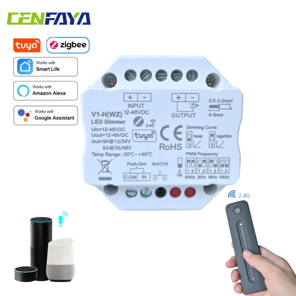 Tuya Smart ZigBee RF 2.4G LED Dimmer Controller 4096-Level Smooth Dimming Alexa/Google Voice Control DC 12V 24V 36V 48V Input