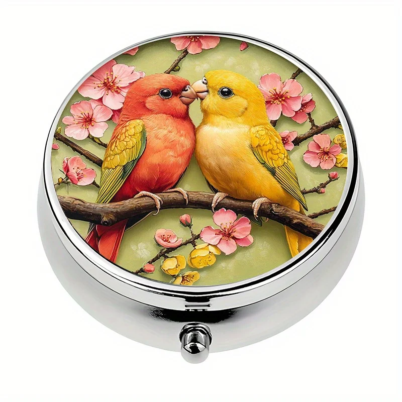1 piece, portable travel pill box with 3 compartments, featuring two lovebirds decorative pattern, vitamin storage box, can be placed in a purse or handbag, portable travel vitamin pill box, unique travel design, flat print, flat style