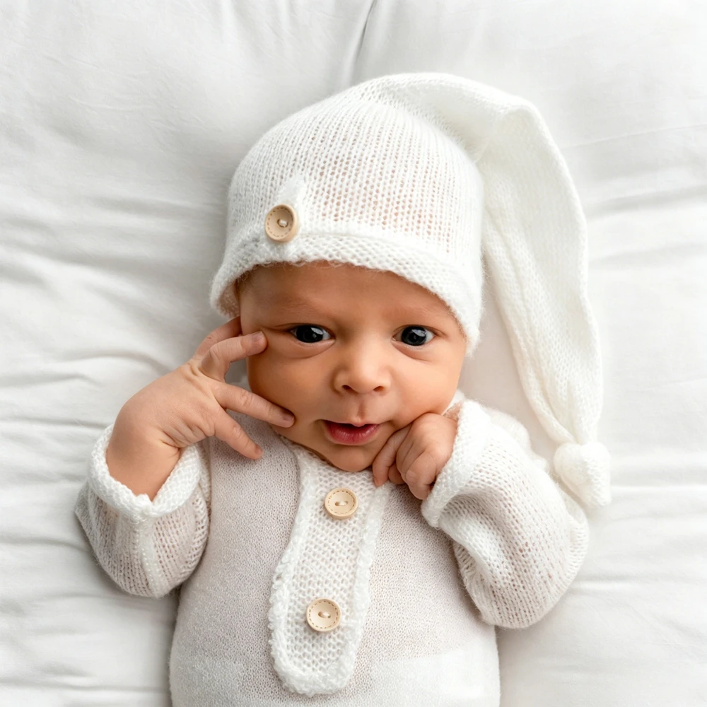 新生児写真撮影用小道具ベビーホワイトニットロンパースロングテールバニーハット幼児写真撮影衣装新生児写真小道具