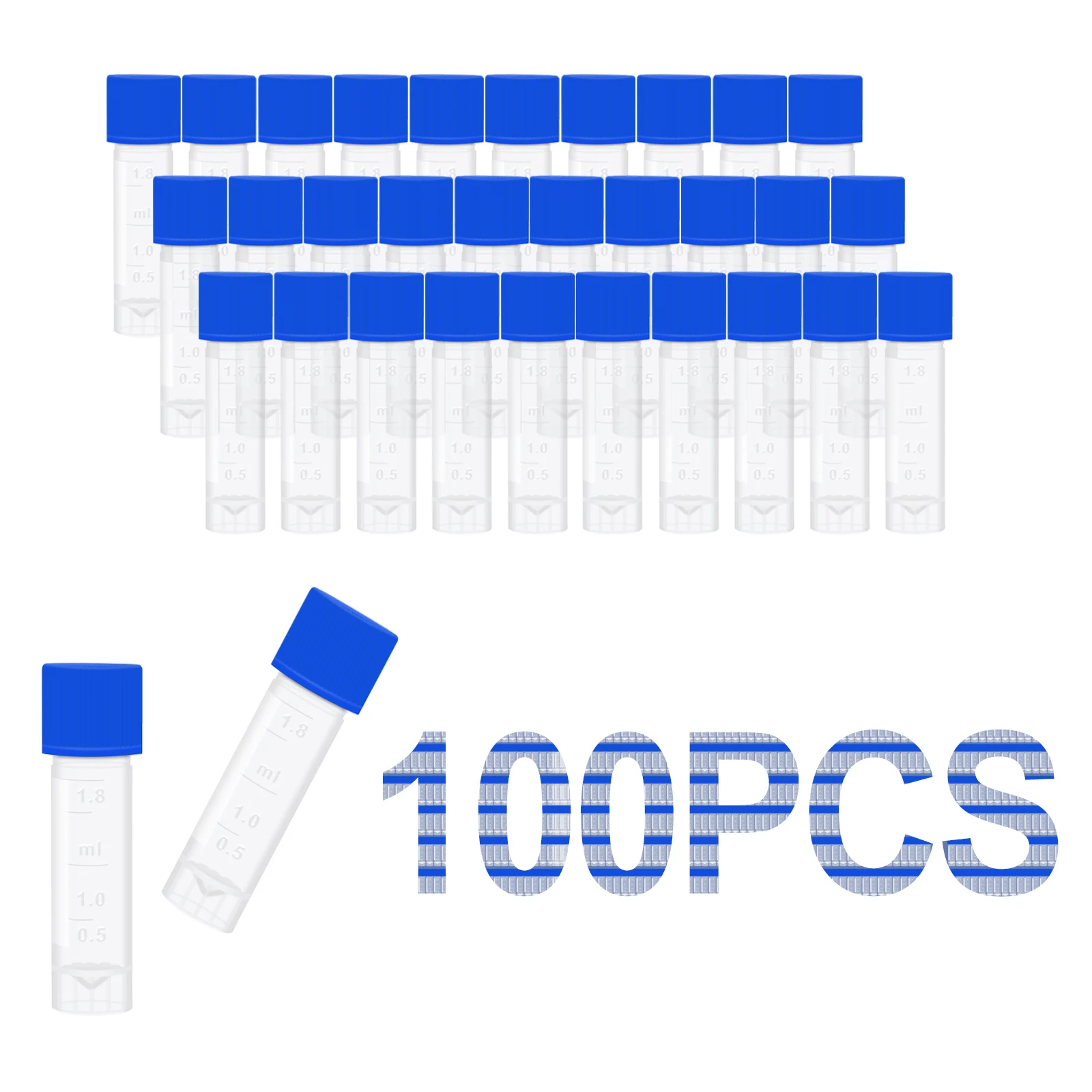 100Pcs1.8ML Cryotubes With Scales + 50-Hole Cryotube Box, Sample Bottles With Screw Caps/Writing Area, For Laboratory