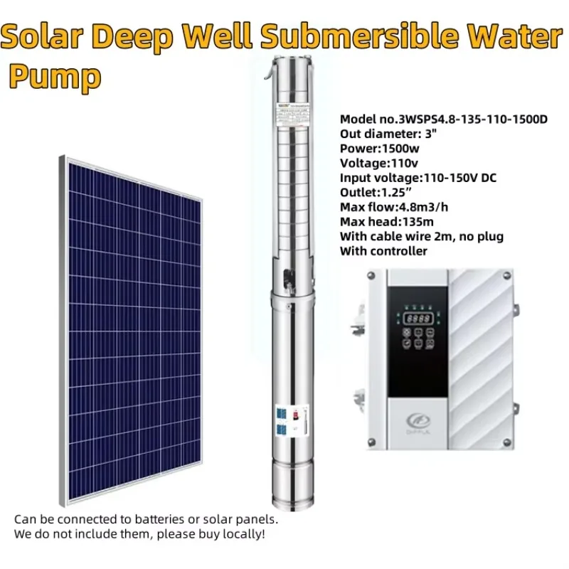 

1500W 200V 4.8m³/h Flow 135m Head 3WSPS Solar Deep Well Submersible Borehole Stainless Steel Impeller Water Pump Clean Water