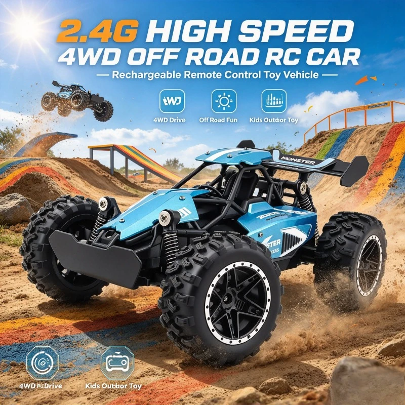 Kids Outdoor Exploration RC Toy Car, 2.4G 4WD Offroad Model, Rechargeable Vehicle with Light Decor for Casual Playtime