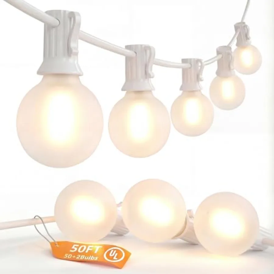 

White String Lights Outdoor 50Feet White Outdoor Lights with 52 G40 LED Frosted Shatterproof Bulbs 2 Spare for Balcony Patio Te