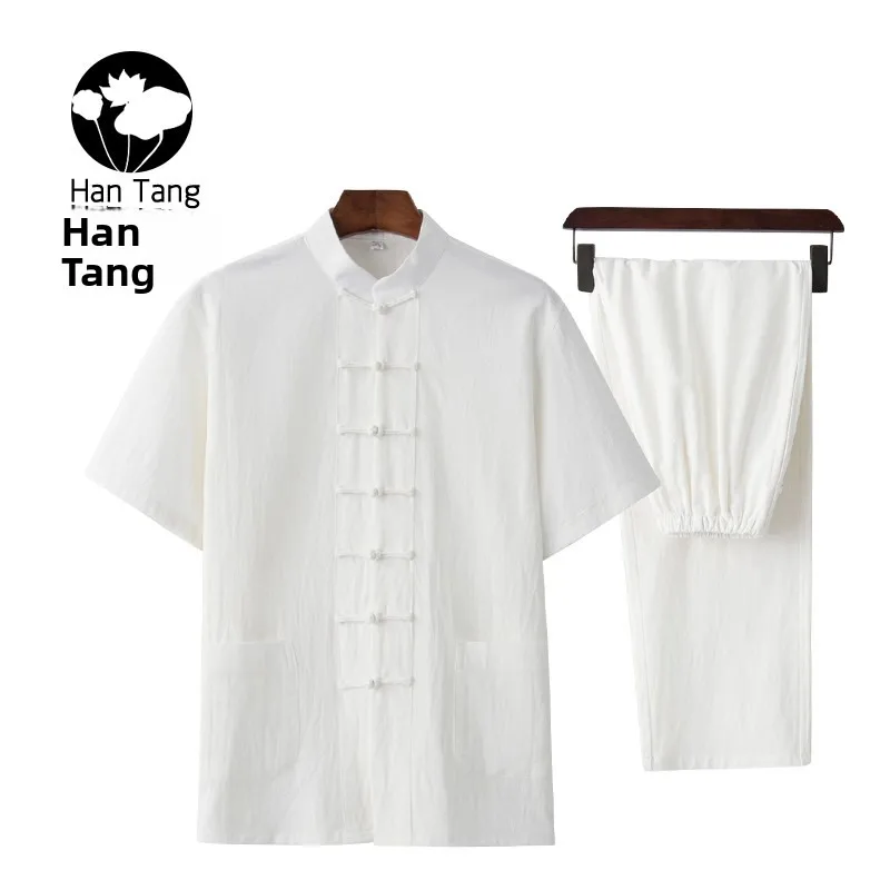 ensemble-deux-pieces-decontracte-pour-homme-en-coton-et-lin-a-manches-courtes-style-retro-boutonne-en-tissu-tricote-couleur-unie-ideal-pour-l'ete