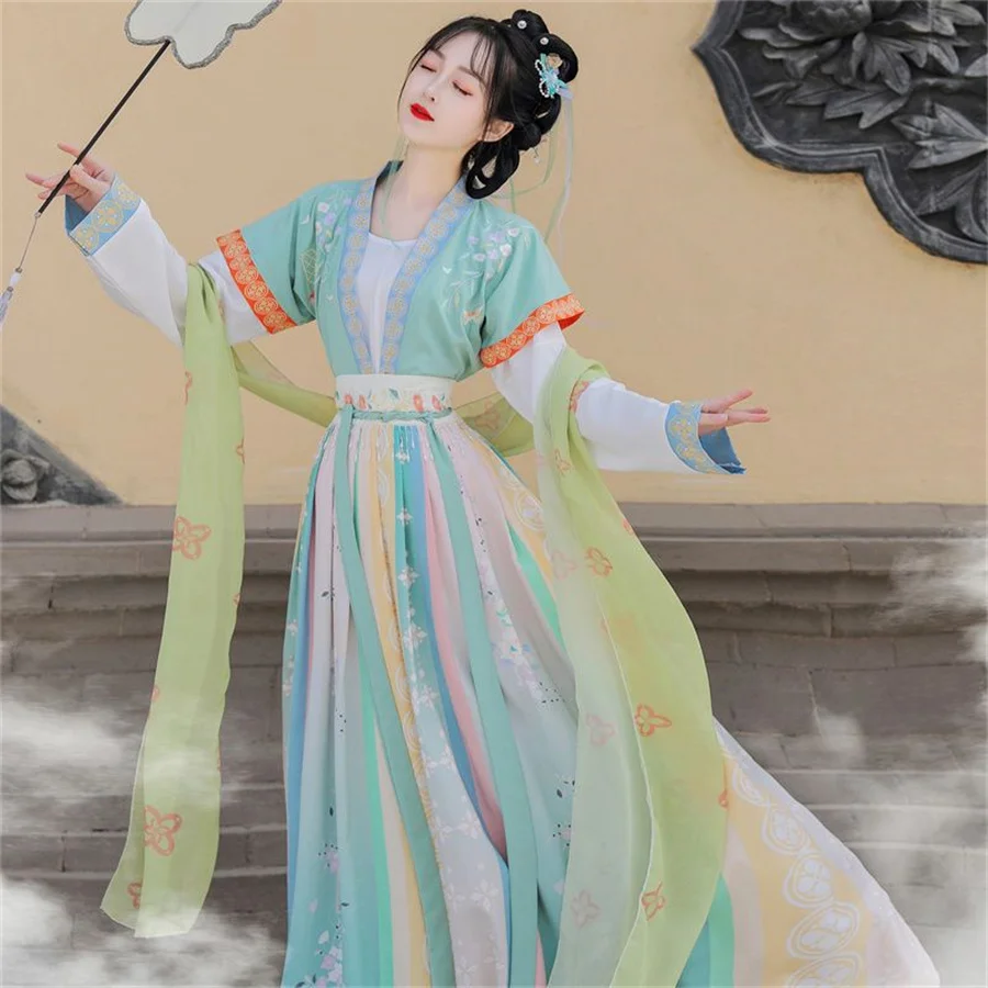 Chinese Style Women Oriental Vintage Hanfu Costumes Floral Embroidery Fairy Dresses Traditional Ancient Princess Daily Outfits