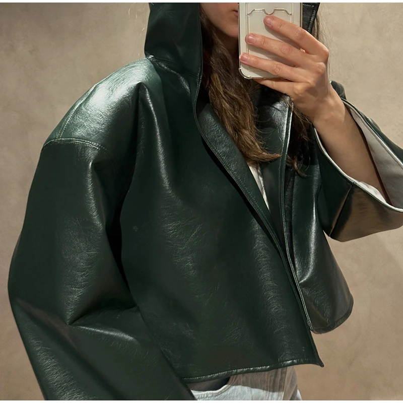 Women Waist Cinching Leather Jacket Solid Stand Neck Zipper Pocket Loose Jackets Lady New Vintage Fashion Street Outwear 2026