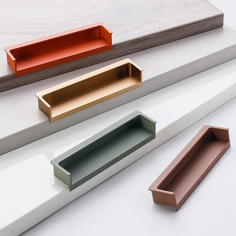 1PCS Aluminum Alloy Simple Invisible Concealed Handle Integrated Bow Shaped Wardrobe Embedded Slotted Drawer Cabinet Door Handle