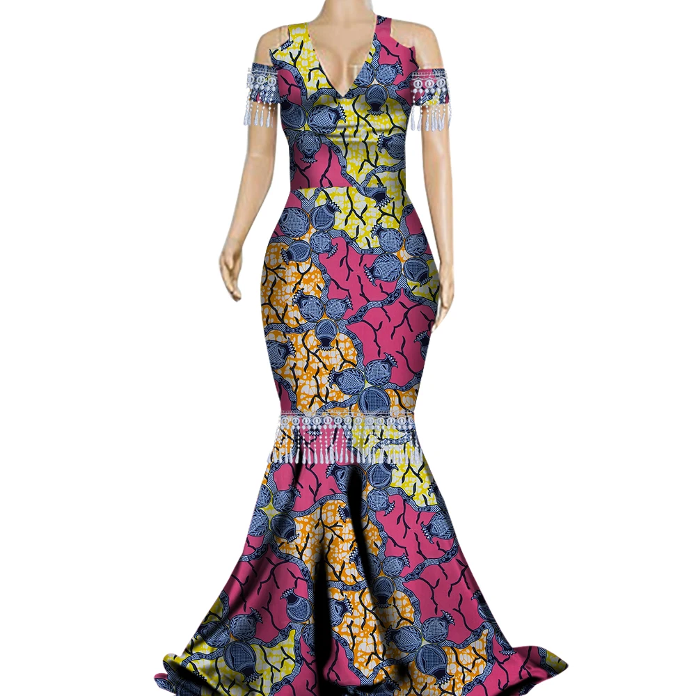 

Fashion African Tassel Dresses for Women Dashiki Plus Size African Clothes Bazin Sexy V Neck Slim Fit Party Dress WY3280