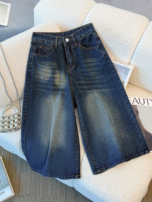 

Ретро джинсы с эффектом потертости, прямые, с высокой талией, укороченные, женские, летние, свободные, струящиеся, широкие, джинсовые брюки миди