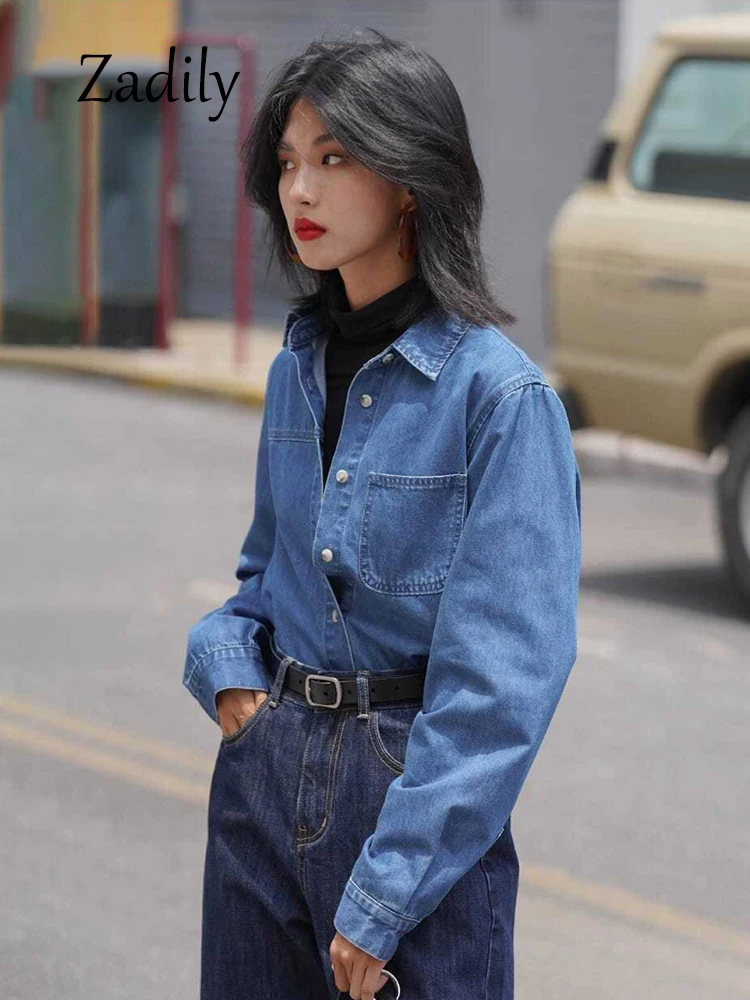 Zadily 2023 Spring Vintage Long Sleeve Women Denim Shirt Korea Style Button Up Solid Color Woman Tunic Loose Blouse Female Tops