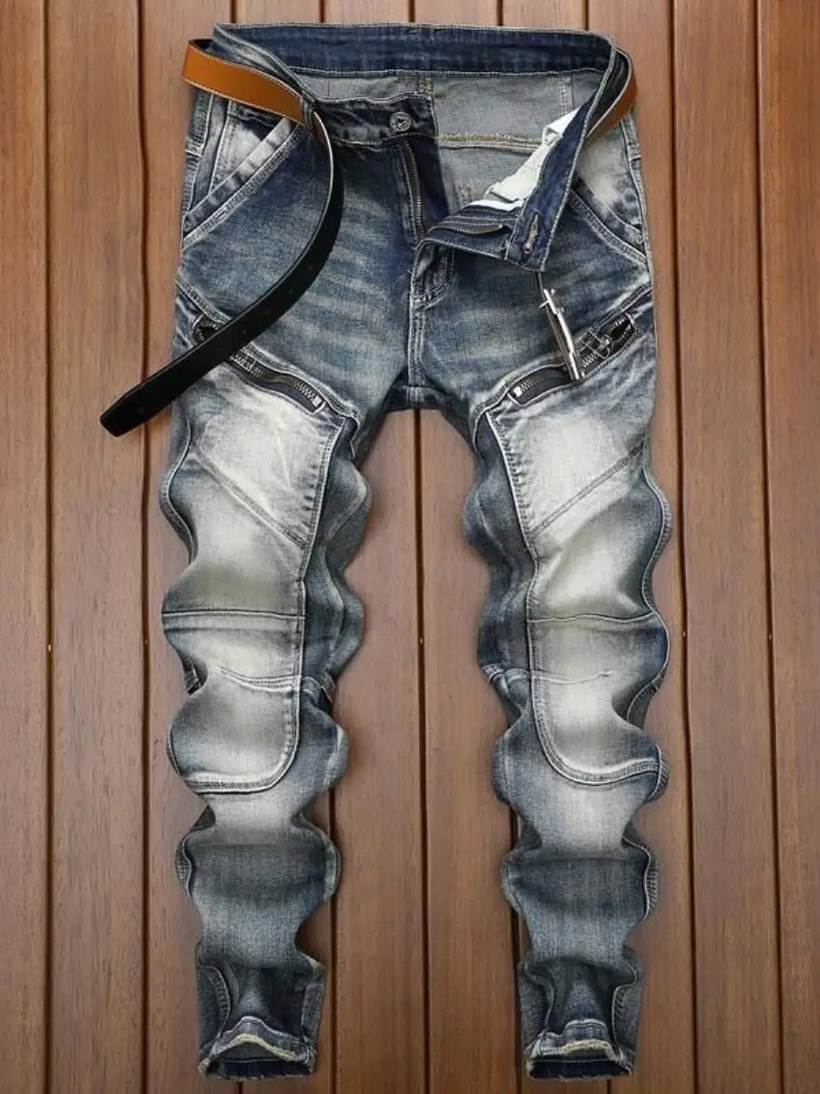 

Мужские ретро-джинсы прямого кроя для мотоциклистов, новинка 2024 года, повседневные, облегающие, со средней посадкой и застежкой на шнурок