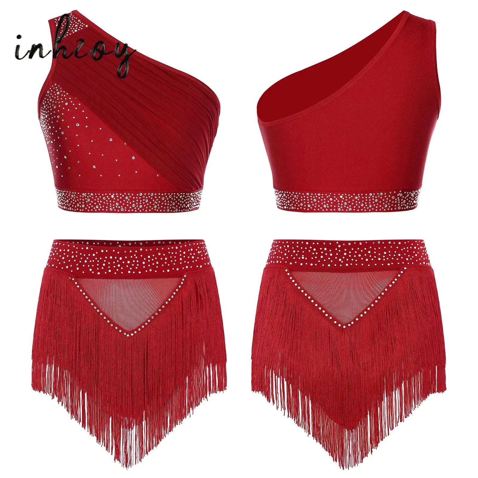 Womens Latin Cha-cha Figure Skating Dance Outfit One Shoulder Rhinestone Ruched Tank Crop Top+Tassel Shorts Modern Dancewear
