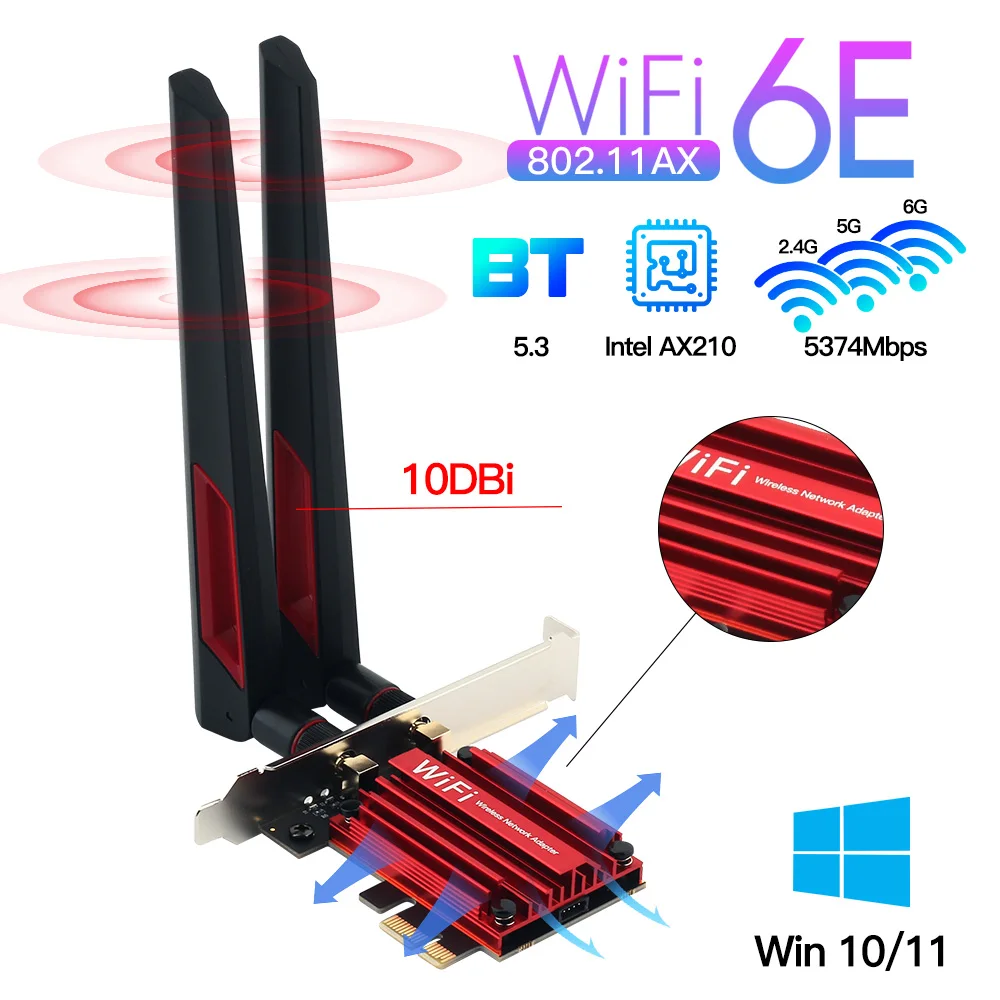 WiFi 6E 5374Mbps Intel AX210 PCIE WIFI Adapter Wireless Bluetooth 5.3 802.11AX Network Card Powerful 10dbi Antenna For Win 10/11