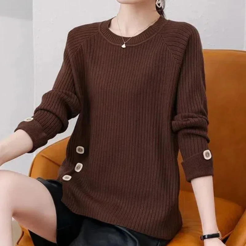 Korean Autumn/Winter Sweaters Women\'s O-Neck Solid Button Split Simplicity Versatile Loose Long Sleeve Pullovers Knitted Tops