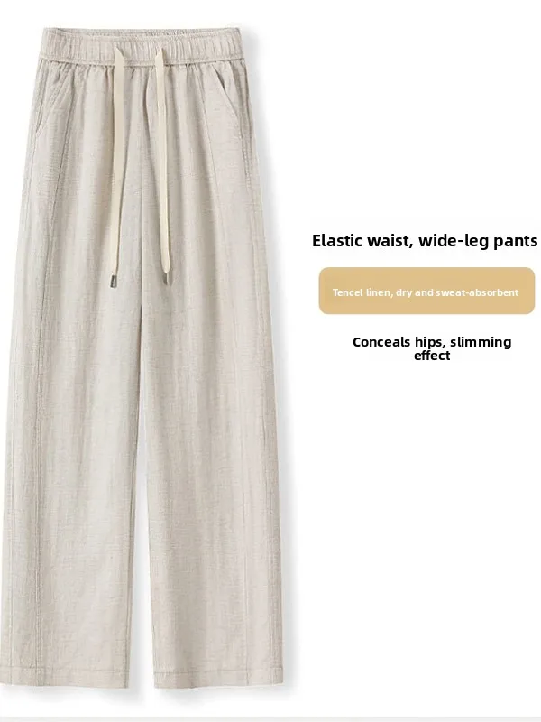   Pantalon à jambes larges en lin pour femmes, nouvelle collection été 2025, taille élastique fine, faux soie glacée, pantalon à jambes droites, décontracté, taille haute L...