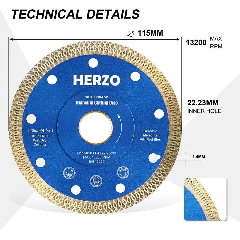 Imagem -02 - Herzo 115 mm 4.5 Polegada Pcs Turbo Diamante Lâmina de Serra Bordas Disco de Corte Porcelanato Cerâmica Lâminas para Angle Grinder Acessórios