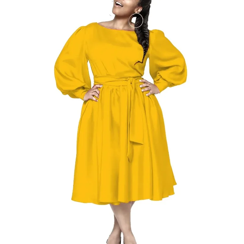 Spring Fashion African Long Sleeve O-neck Blue Yellow Rose Red Polyester Party Evening Midi Dress Dashiki Africa Clothing