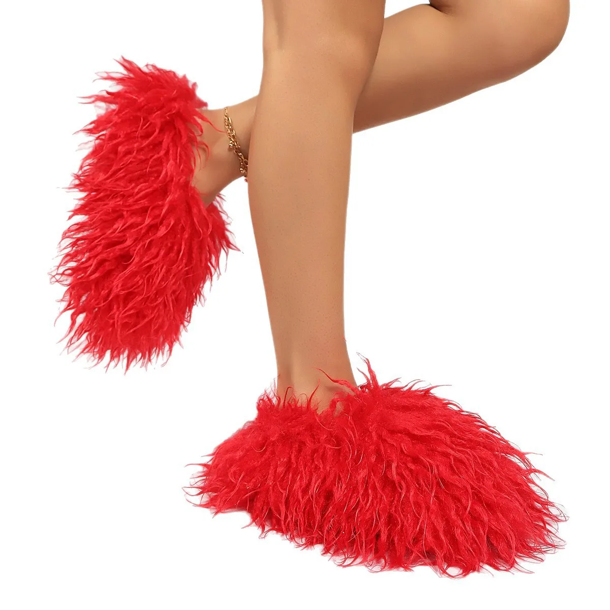 Women Faux Curly Mongolian Fur Ankle Boots Fluffy Curl Furry Booties Closed Toe Y2K Rave Festival Party Plush Footwear