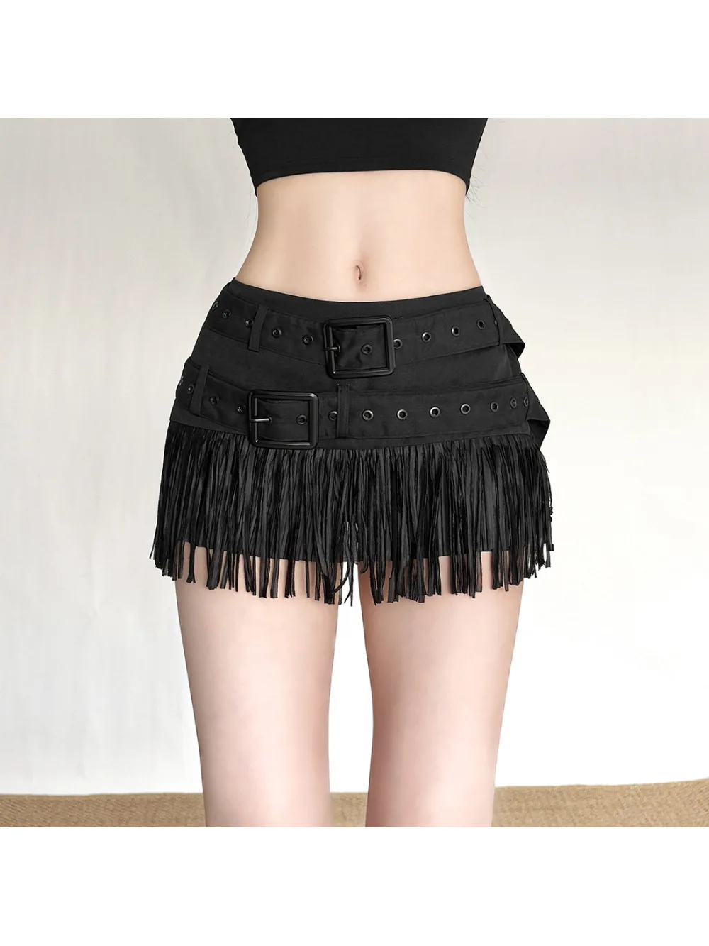 2026 new American retro Y2K spicy girl fringe patchwork short skirt with double waistband buckle design punk street trend niche