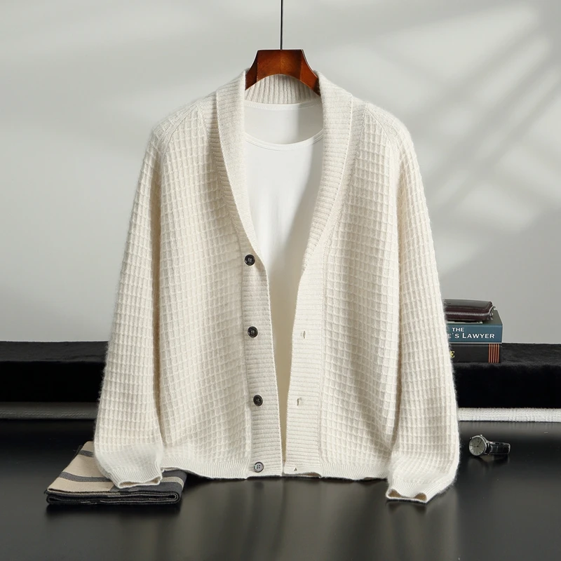 2025 High End Cashmere Thick Cardigan New Autum Winter Fashion Cable Knit Sweater Jacket Men Casual Qingguo Collar Coat Clothing