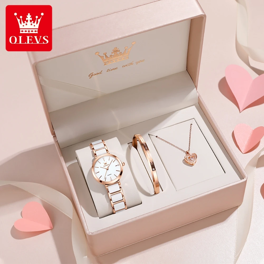 OLEVS Reloj de mujer 5877 Reloj de cuarzo elegante de lujo resistente al agua correa de cerámica luminosa Reloj de mujer conjunto de pulsera caja de regalo Reloj