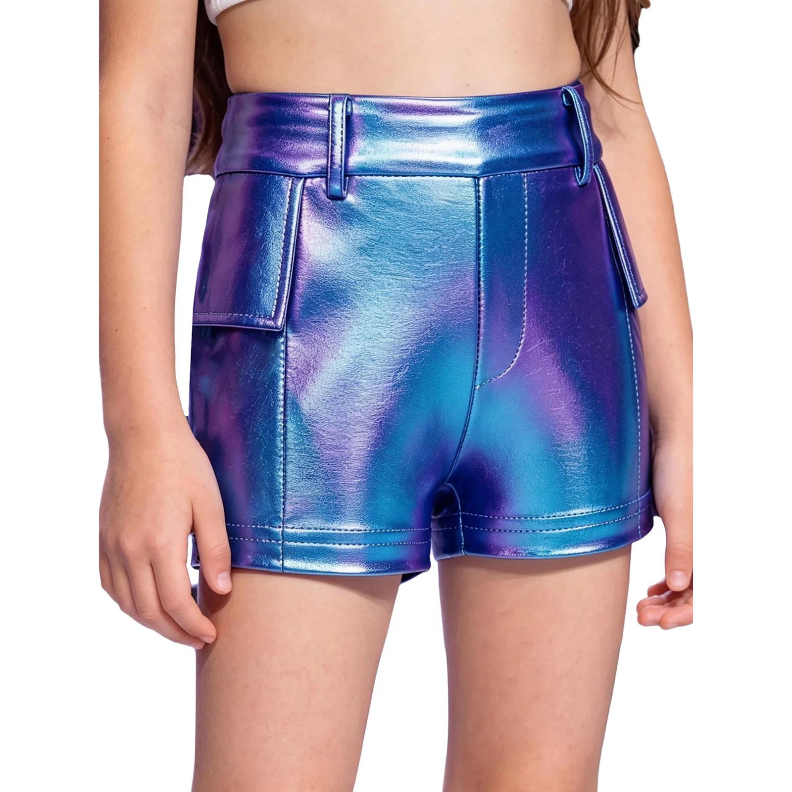 Kinder Modern Jazz Dance Bühnenauftritts-Hosen Mädchen Glänzende Irisierend Hologramm-Shorts PU-Leder Cargo-Kurzhosen – Detail 7
