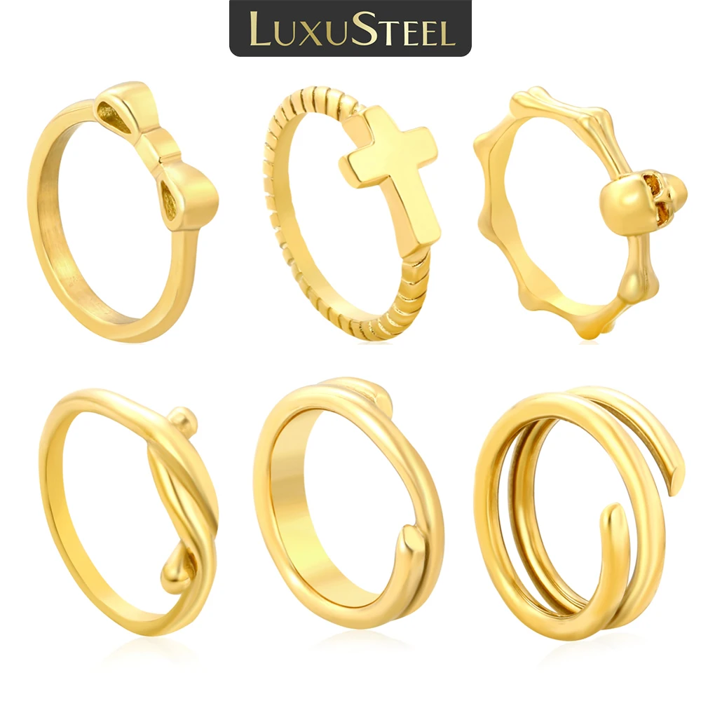 LUXUSTEEL Size 6-8 Cross Bowknot Ring For Women Bamboo Skeleton Head Rings Stainless Steel Dainty Rings Jewelry Gift for Party