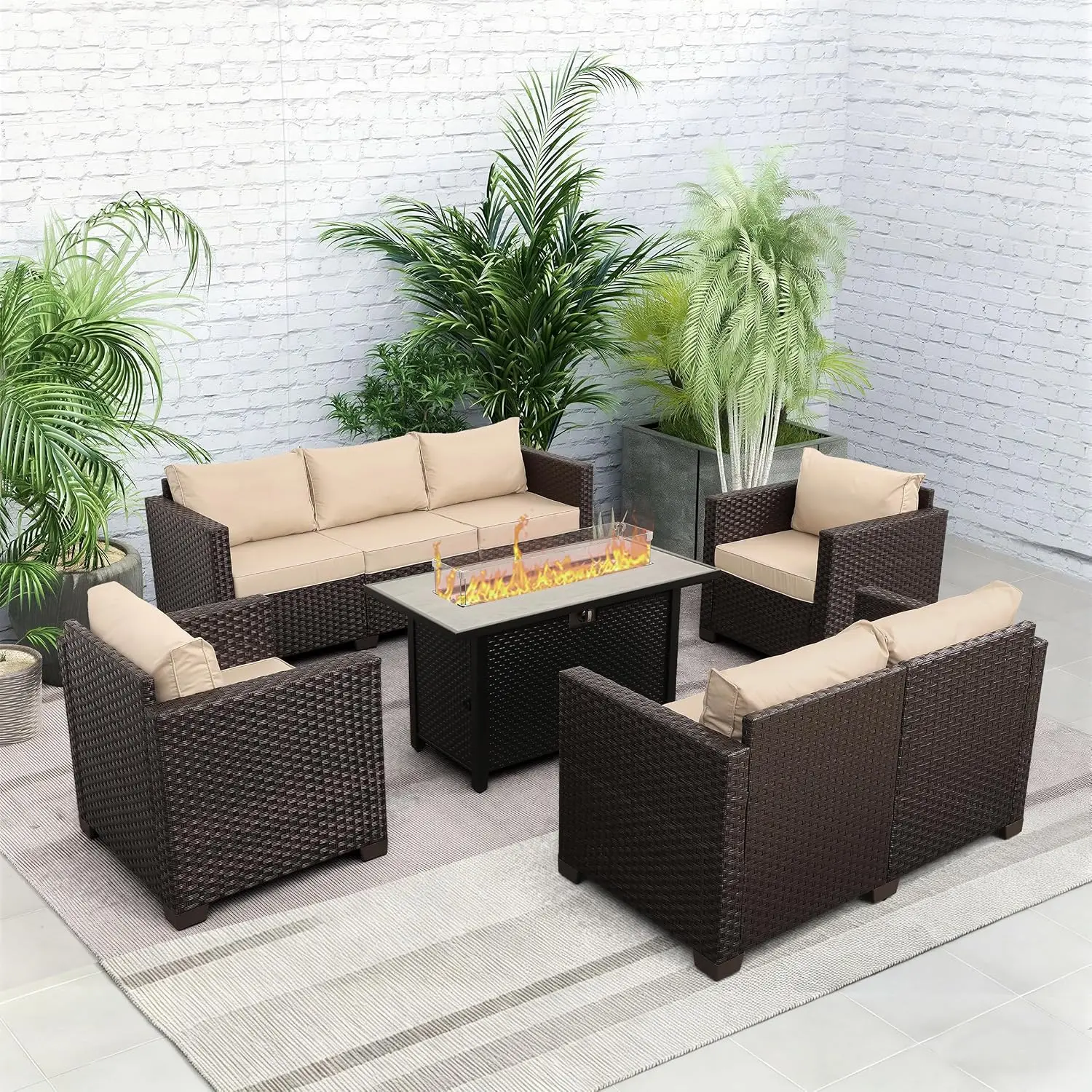 45in Outdoor Patio Furniture Set with Propane Fire Pit 60000 BTU No-Slip Cushions Waterproof Covers, Customized