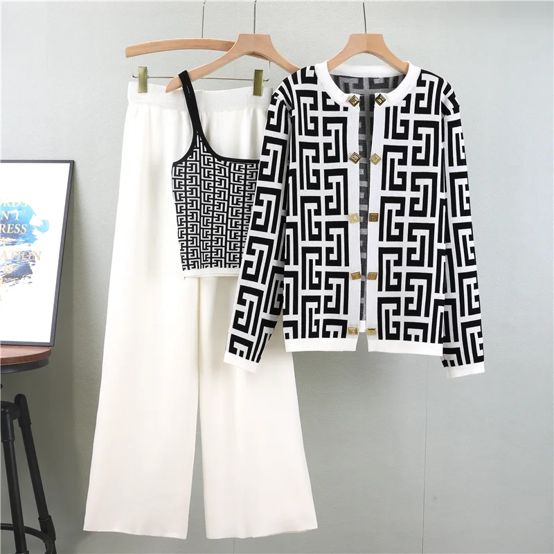Autumn Knitted Three Pieces Sets 2024 Slim Tank Top Long Sleeves Cardigan Elastic Wide Leg Pants Fashion Sweater Set