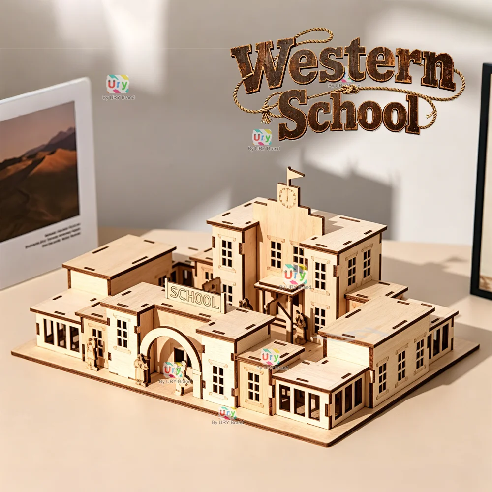 3D Wooden Puzzle City Series Western Cowboy Town Farm School Assembly Retro House Model DIY Kits Toys Desk Decoration Gifts