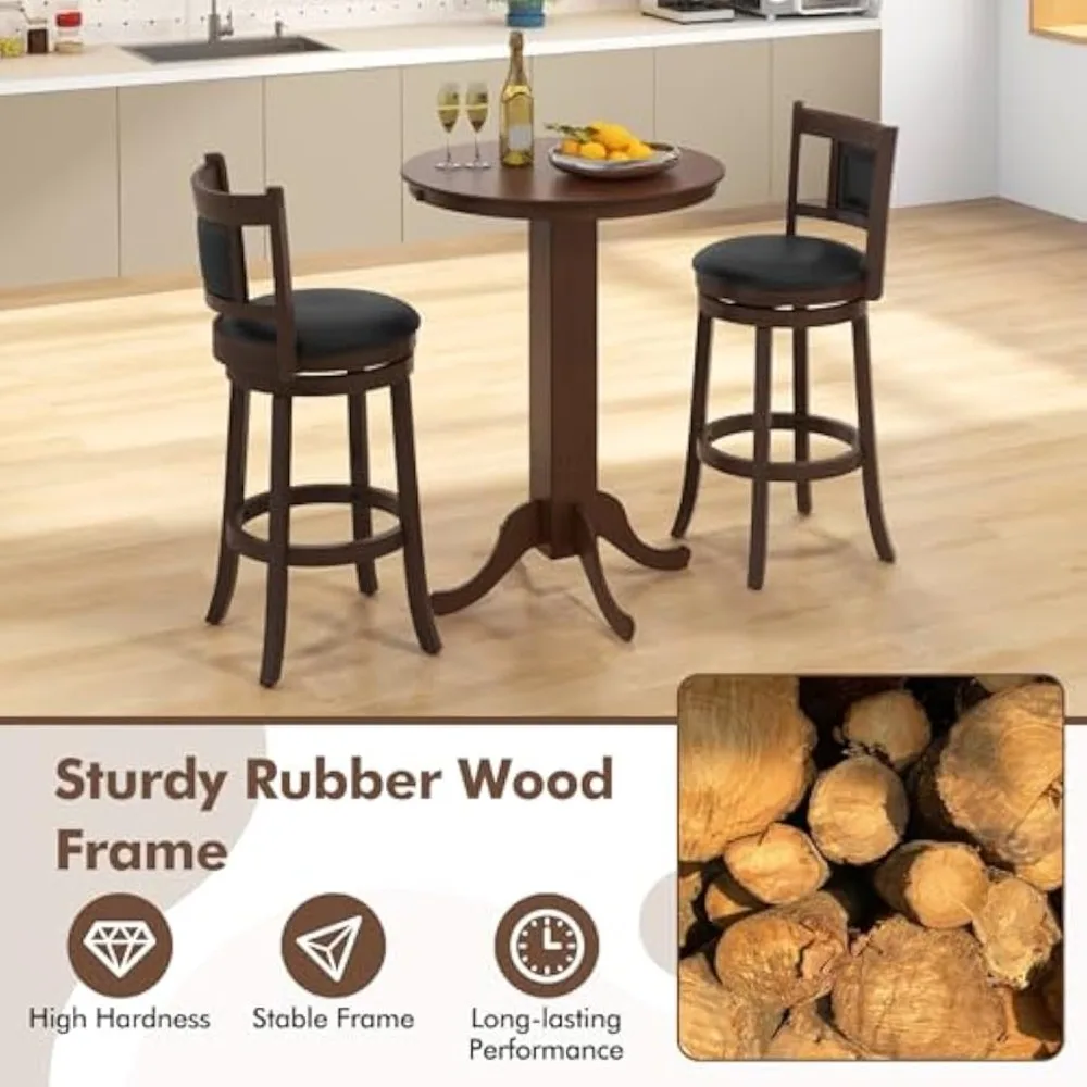 Juego de mesa y sillas de bar de 3 piezas, mesa redonda con altura de mostrador, 2 taburetes de bar giratorios tapizados, estructura de madera de caucho, redonda de granja
