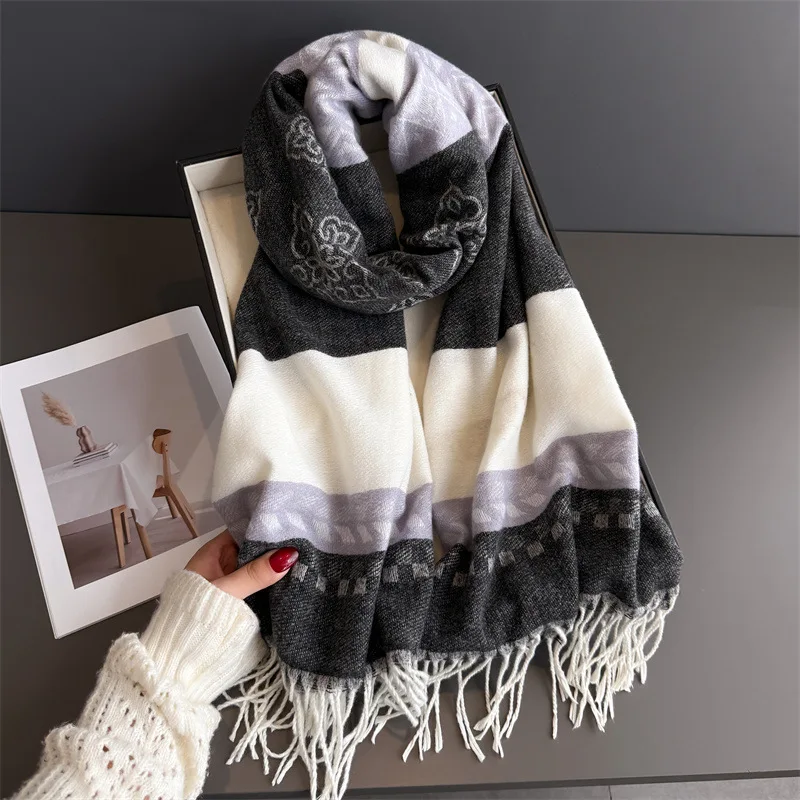 

Winter Neck Warmer Scarf For Women 70*200CM Thickened Tassel Pashmina Shawl Faux Cashmere Warps Autumn Elegant Ladies Blanket