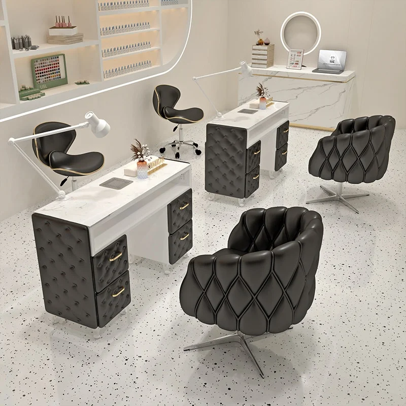 &c Dark Style Wood Manicure Table Chair Set Vacuum Cleaner Socket Internet-Famous Marble Top Nail Table