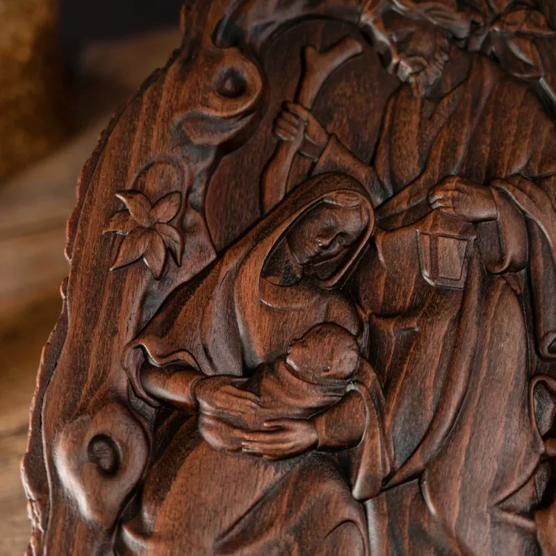 Church Nativity Natural Wooden Desktop Ornaments, Baby Jesus Holy Family Statue Home Decor
