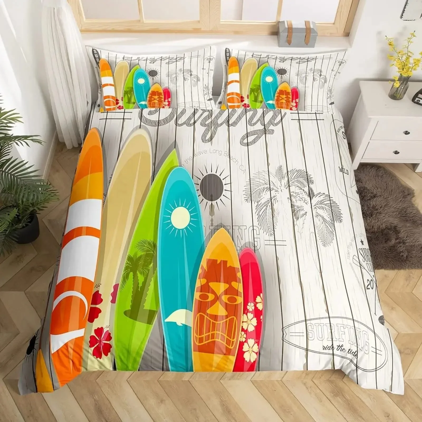 

Surf Duvet Cover Set Retro Posters Group Summer Vacation Theme Water Sports California Beach Surfboard Wood Board Bedding Sets