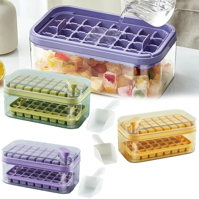 

Press Ice Cube Maker Double Layer 64 Grid Silicone Ice Tray Mold with Cover Shovel Press Type Ice Making Box Ice Storage Box Ice